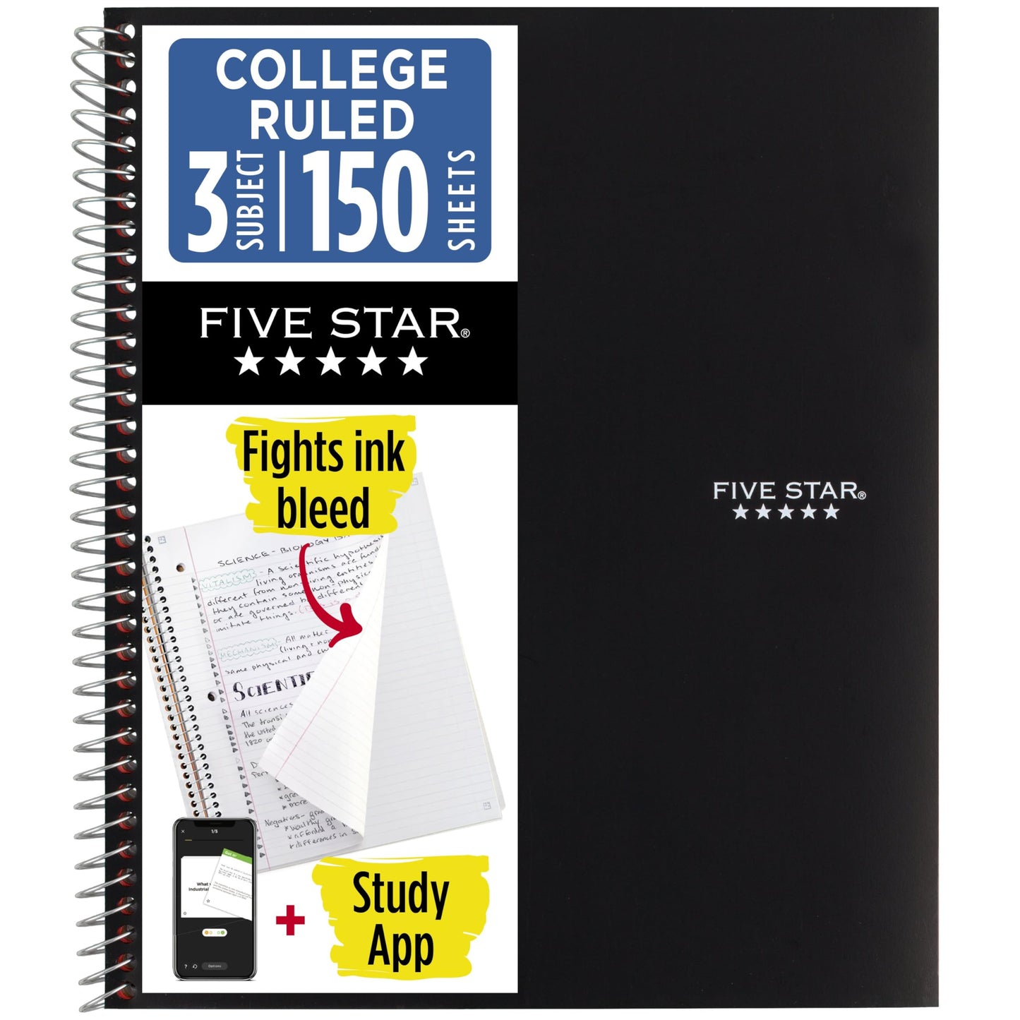 Five Star Spiral Notebook + Study App, 3 Subject, College Ruled Paper, Fights Ink Bleed, Water Resistant Cover, 8-1/2" x 11", 150 Sheets, Black (72069)