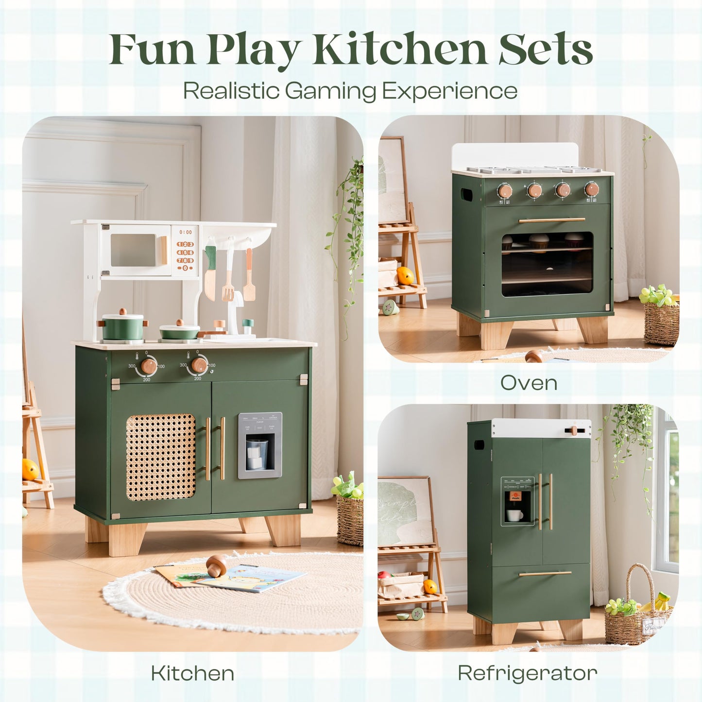 ROBOTIME Play Kitchen with Toy Fridge, Toy Oven, Wooden Kids Kitchen Play Set, Toy Kitchen Set for Kids Age 3 4 5 6 7 (Vintage Green)