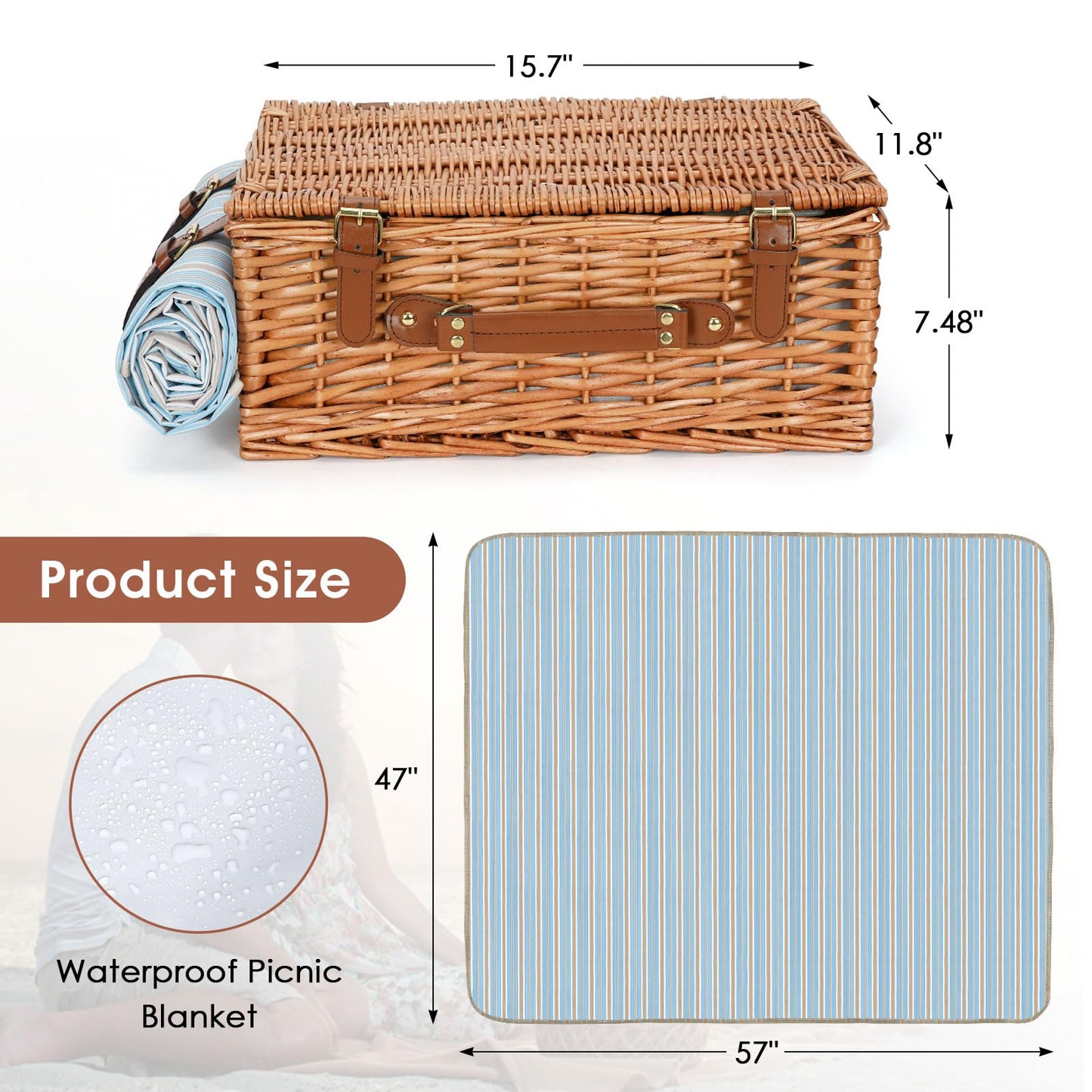 HappyPicnic Wicker Picnic Basket Set for 4 Persons | Large Willow Hamper with Large Insulated Cooler Compartment, Waterproof Blanket and Cutlery Service Kit-Classical Brown