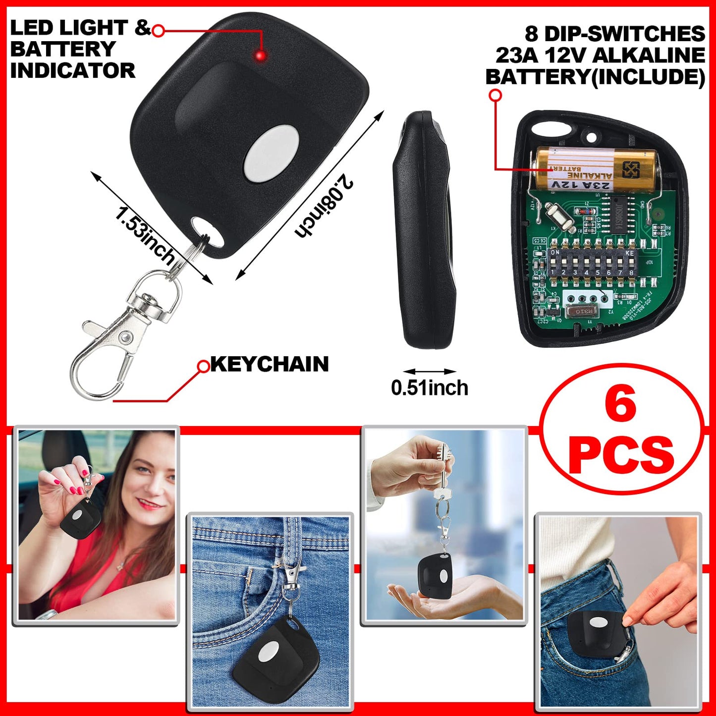 Kingdder 6 Pcs 8 Dip Switch 310mhz Garage Door Remote Compatible with Linear Delta 3 (DT DTA DTD DTC DNT00002A) Gate Opener Remote with Keychain (Black,White Button)