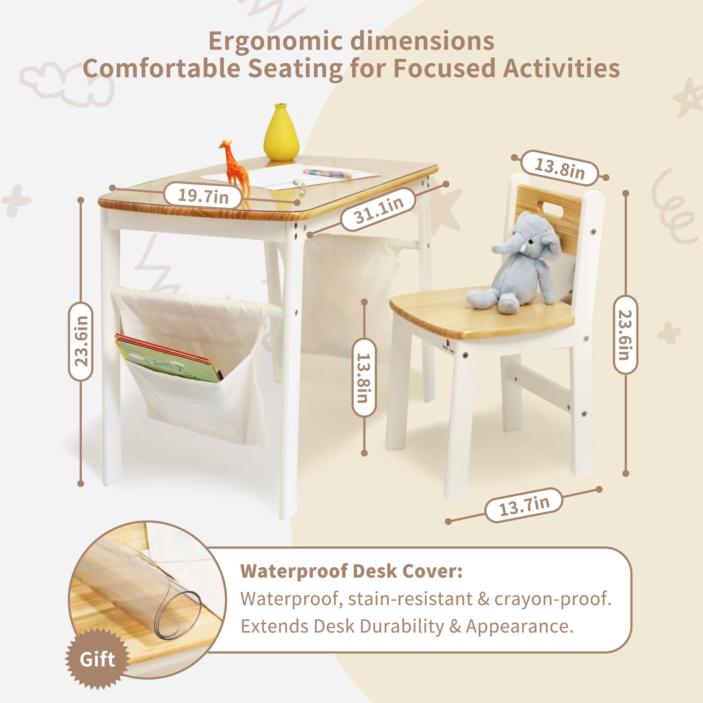 Damoch Family® My First Desk - Kids Desk & Chair Set (Ages 3-8) - Natural Wood Study Table with Ergonomic Chair, Learning Station, Art & Craft Table | PVC Protector & Storage Bags Supplied
