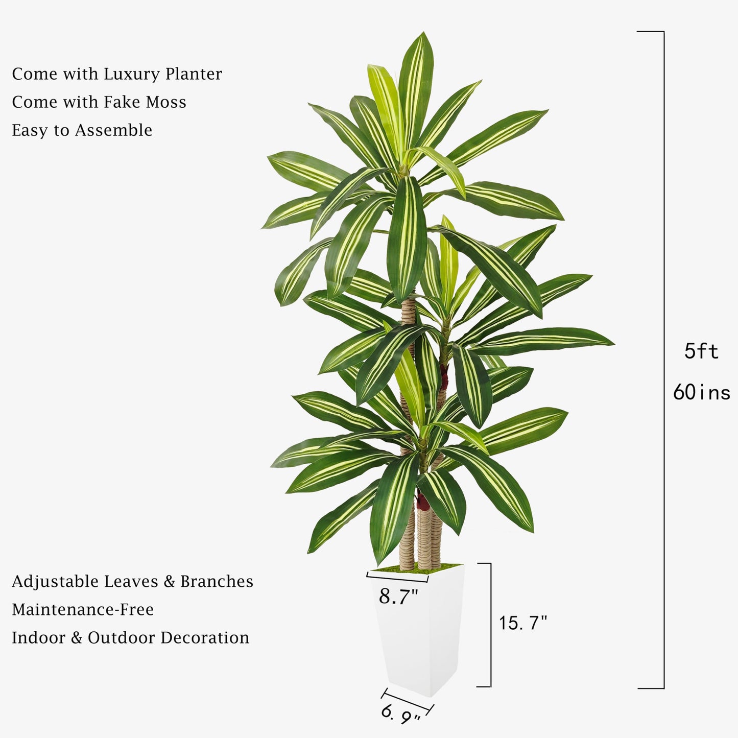 Lovaplants Artificial Dracaena Tree 5ft, Fake Plant with White Tall Planter, Faux Yucca Floor Trees, Artificial Silk Plants for Indoor Home Office Room Decor Housewarming Gift