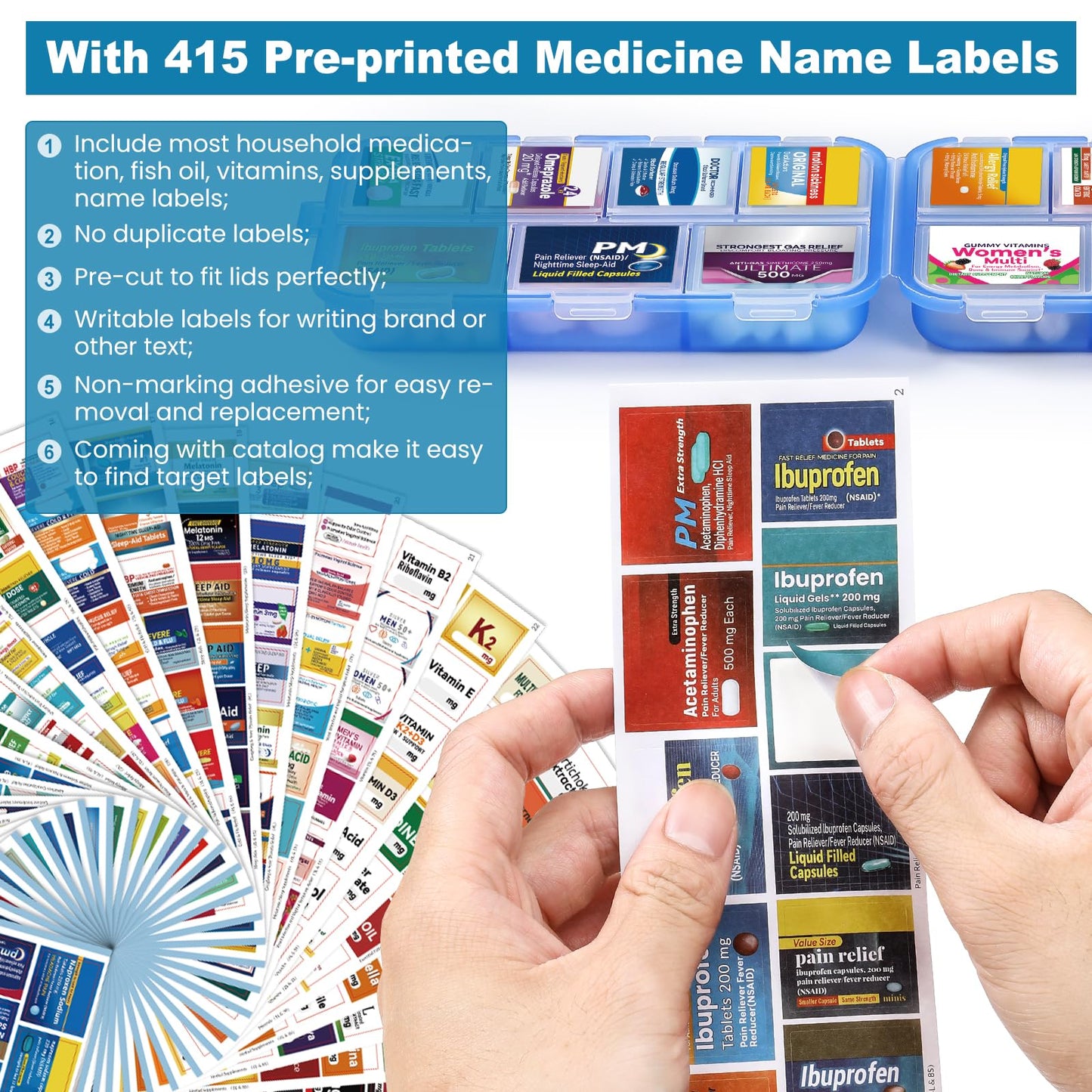 14 Grids Travel Pill Organizer Box with 415-Pcs Medicine Name Labels - Pocket Daily Pharmacy Case Container Kit - Travel Medication Holder Dispenser for Fish Oil Vitamin Supplement Storage -Clear Blue