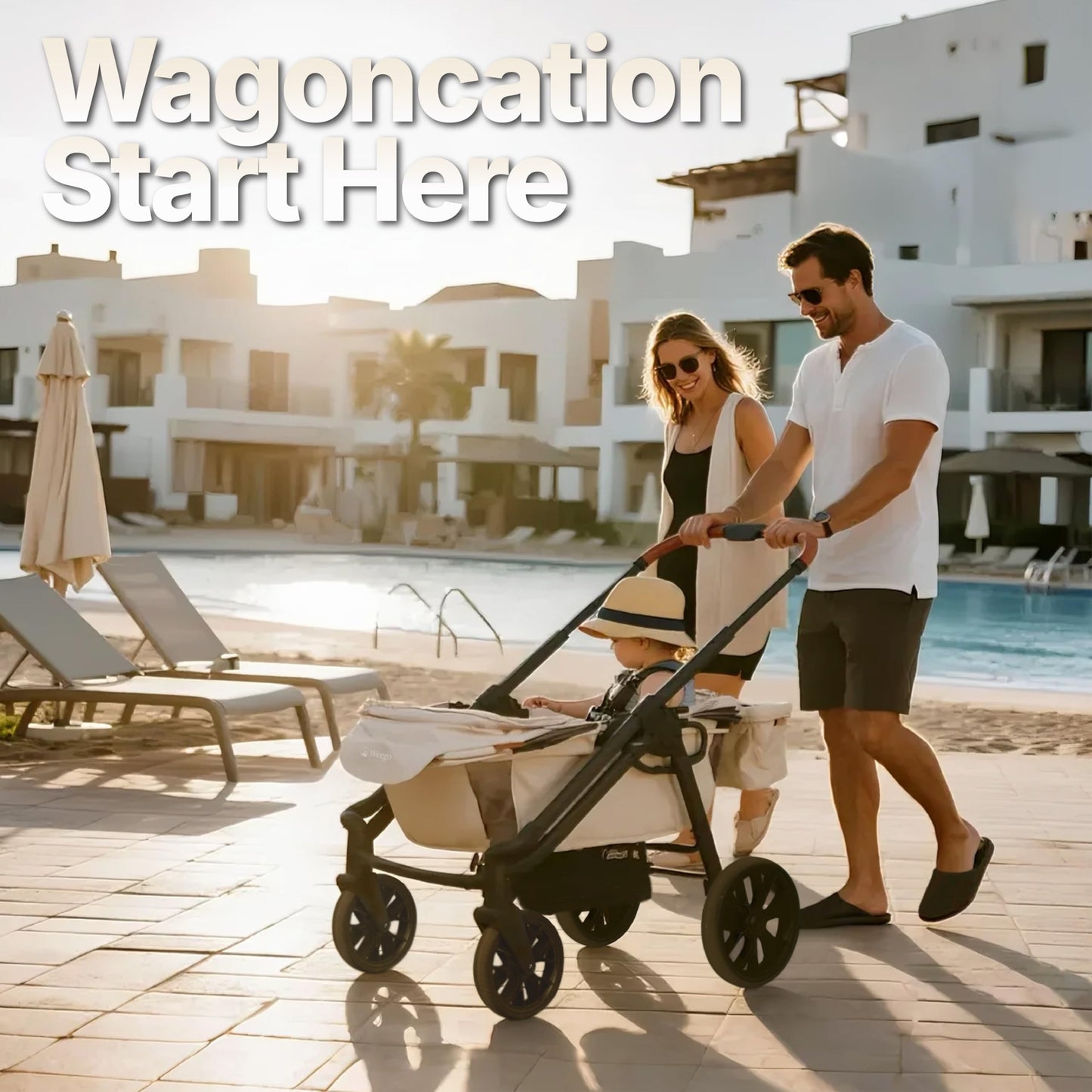 Wagon Stroller for 2 Kids, All-Terrain with Removable UV-Protection Canopy , Adjustable Push/Pull Handle, Snack Tray & Cup Holders, Perfect for Baby and Toddler（Black)