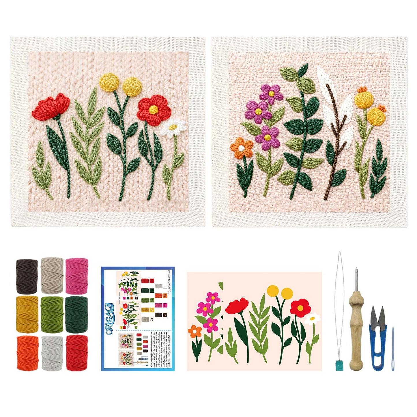 ORIGACH 2 Set Embroidery Punch Needle Kit with Frame, Wildflower Needle Punching Kit with Patterns, Threads, Tools & Instructions for Beginners & Adults, DIY Wall Hanging Decor