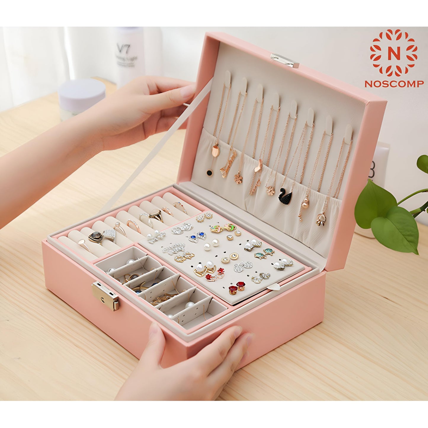 NOSCOMP Faux Leather Organizer Box, Jewellery Organiser, Storage Bag For Necklace: Earrings: Rings: Bracelet, Portable Storage Box Case With Dividers (Pink)
