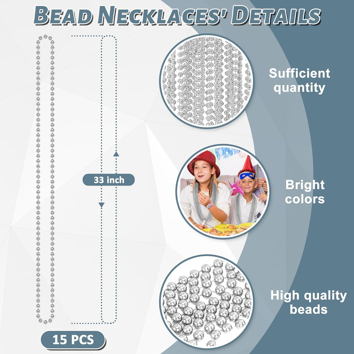 15PCS Bead Necklace, Silver Christmas Bead Stuff Party Favors, 33" Mardi Gras Xmas Silver Beaded Necklace Bulk, Festival Events Parade Throw Accessories for Wedding Birthday Celebrations Decorations