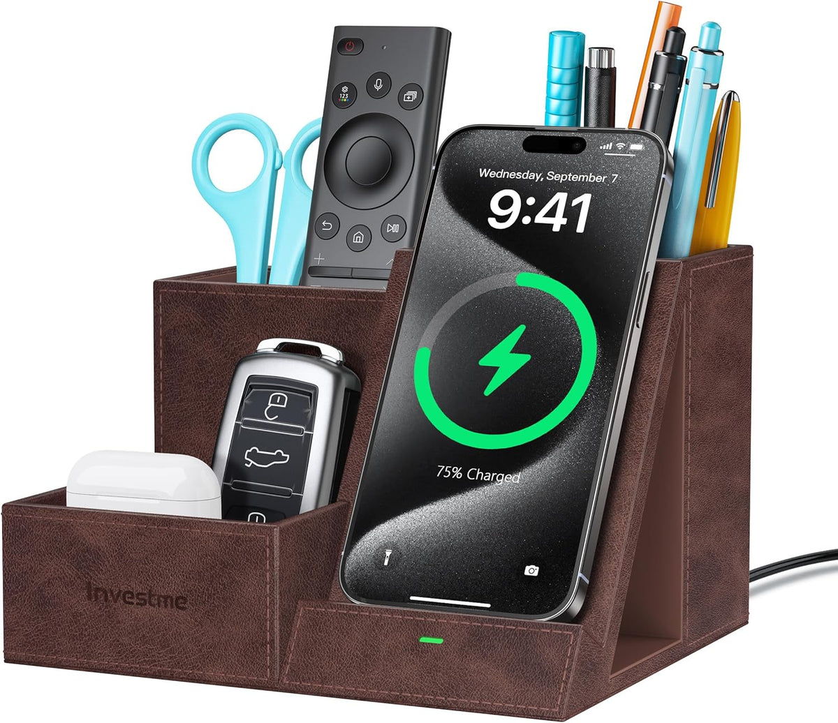Wireless Charger with Desk Organizer, Pen Pencil Holder, Multifunctional Desktop Organizer, Office Supplies and Desk Accessories Organizer with 3 Compartments and 1 Phone Stand, Dark Brown