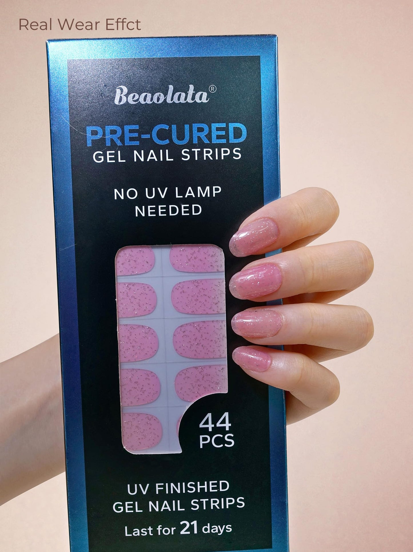 Beaolata Real Gel Nail Strips (No UV Light Needed) - 44Pcs Salon Quality Nail Stickers - Long Lasting Polish Wraps for Women, Easy Apply & Remove (PinkMuse)