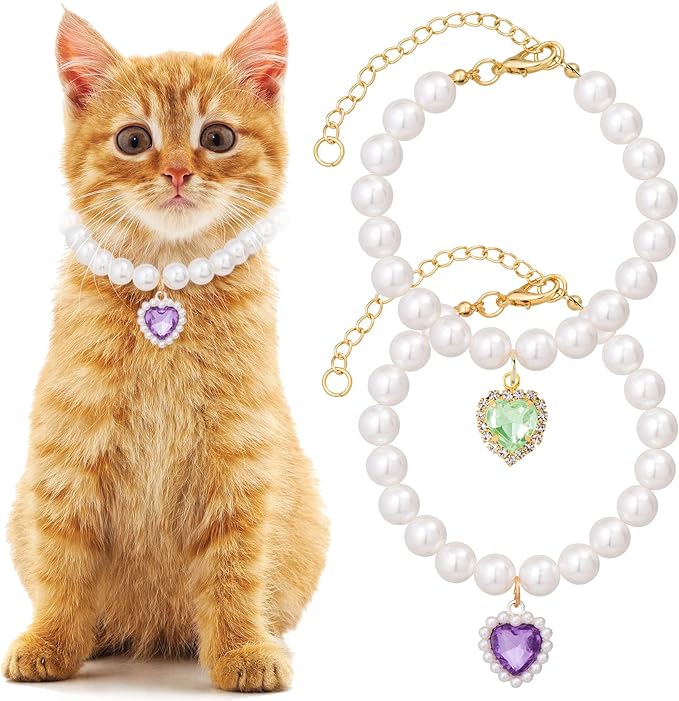 Mxxipp 2pcs Pearl Collar for Cat Puppy, Small Cute Heart Shape Rhinestone Pet Necklace, Adjustable Wedding Party Pet Jewelry Accessories for Puppy Kitten- Green & Pink
