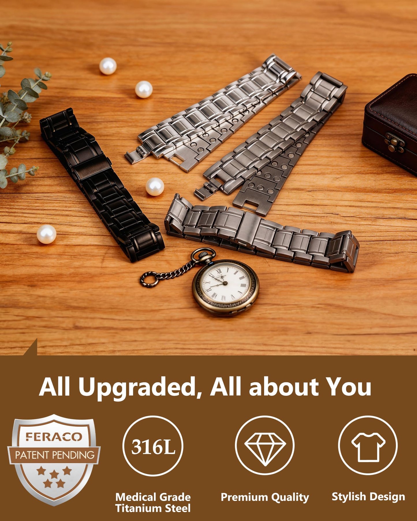 Feraco 3X Magnetic Bracelets for Men Titanium Steel Magnetic Bracelet with 3 Rows Magnets (Gray)