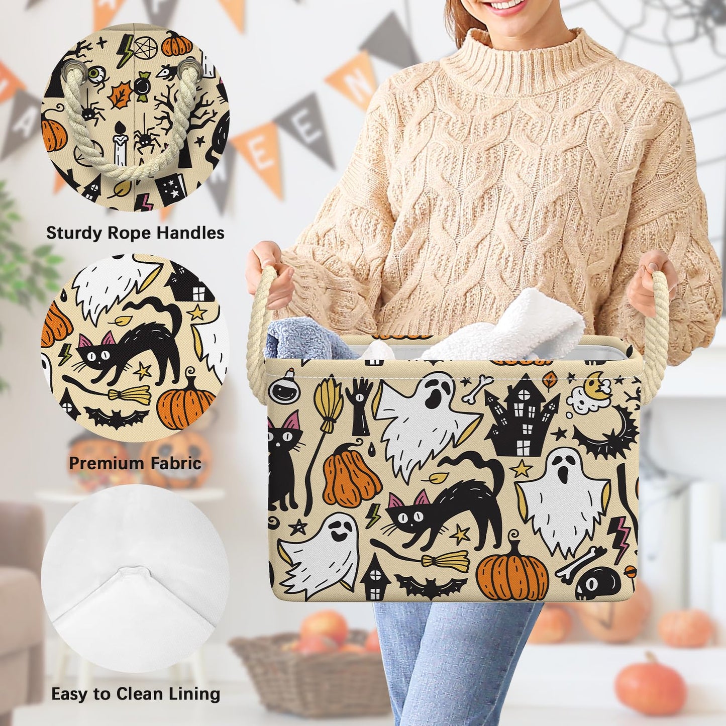 Halloween Ghost Basket Pumpkin Black Bat Boo Spooky Basket with Handles Foldable Halloween Gifts Storage Bins Boxes for Party Home Bedroom Decor