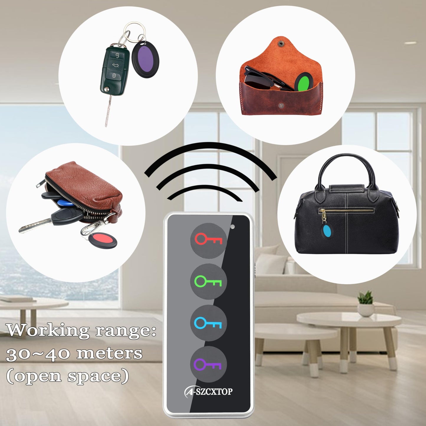 Key Finder Locator, 80dB Wireless Remote Item Tracker, RF Finder for Key, Pet, Luggage, Wallet, Phone, 131ft / 40M Working Range, 1 RF Transmitter & 4 Receivers & Flashlight