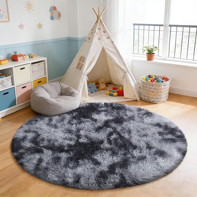 Tie-Dyed Black Fluffy Round Rug,Soft Area Rugs for Girls Room,Shaggy Rugs 4'X4' for Living Room,Non Slip Circle Rug for Kids Bedroom,Shag Plush Nursery Rug,Plush Carpet for Dorm,Cute Furry Room Decor