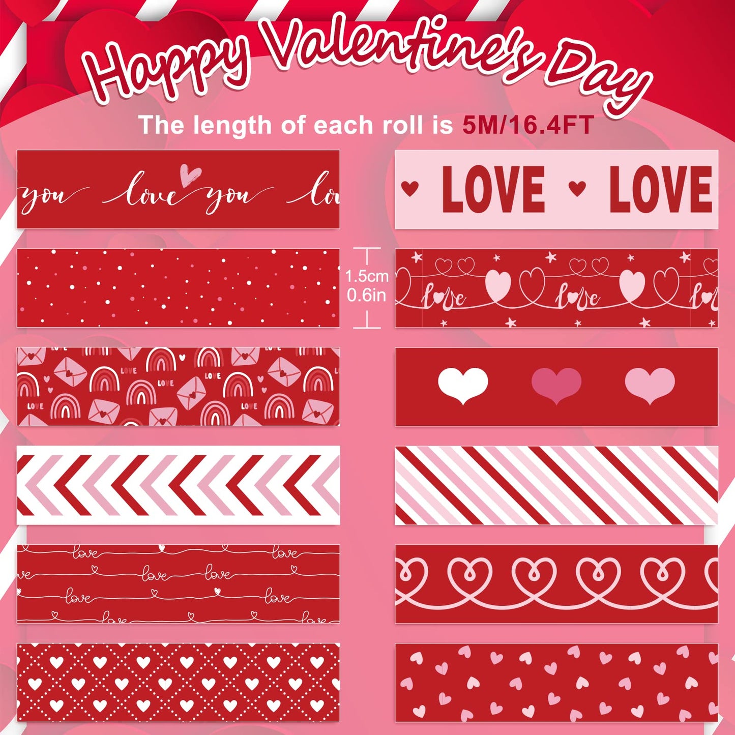 Whaline 12 Rolls Valentine Washi Tape Red Heart Love Masking Tape Sticker Assorted Design Valentine Washi Tape for Wedding Scrapbook DIY Craft Gift Wrapping, 0.6in x 16.4ft