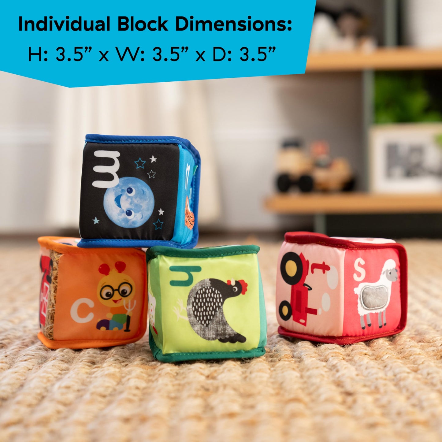 Baby Einstein Alpha Stacks Baby Learning Blocks, Soft, Multisensory Stacking Toys with Letters A-Z, Animals, Colors & Textures, Set of 4, Ages 3 Months+