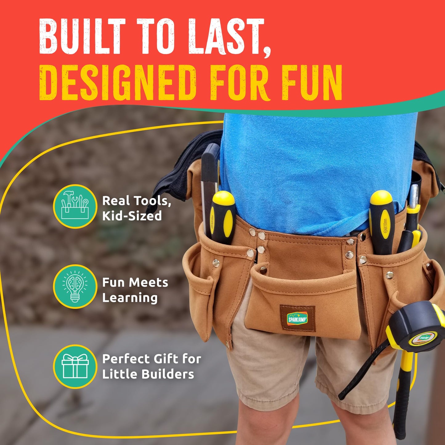 SparkJump Deluxe Kids Tool Set, Real Tools with Tool Belt & Tool Box, Beginner Tool Kit for Boys & Girls Ages 6 & Up, Brown Ultimate Tool Set