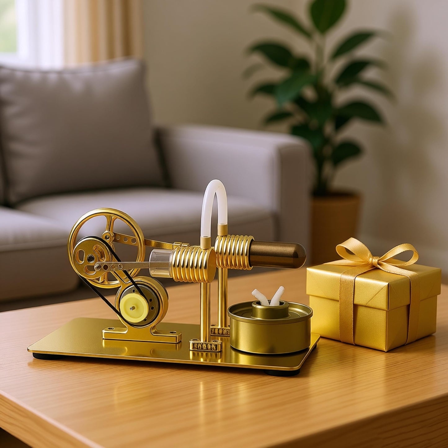 Xnrmevkh Hot Air Stirling Engine Motor Colorful LED Light Sterling Generator Model Golden