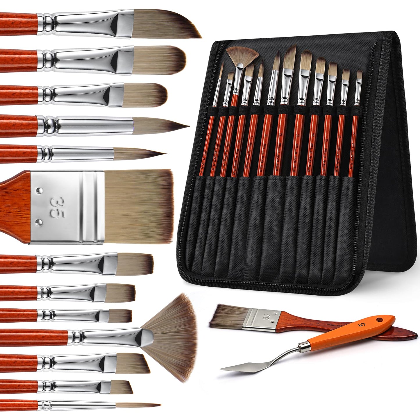 14pcs Acrylic Paint Brushes, Professional Synthetic Bristles Paint Brush Set with Extra Palette Knife - Flat, Filbert, Fan, Dagger, Round, Angle, Rigger Paint Brushes for Oil, Acrylic Canvas Paintings