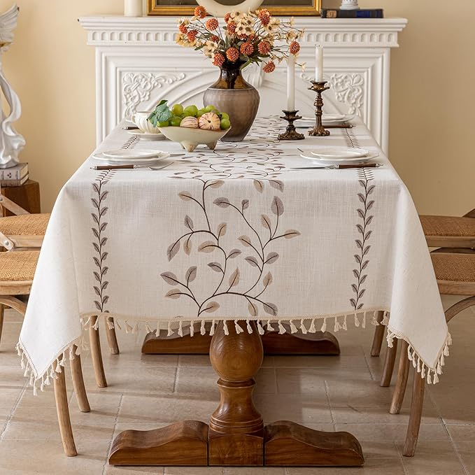 Joyfol Day Rectangle Linen Tablecloth, Heavy Duty Waterproof Tablecloths, Farmhouse Embroidery Leaves Table Cloth with Tassels, Soft Wrinkle Free Table Cover, Coffee Vines, 55''x 120''