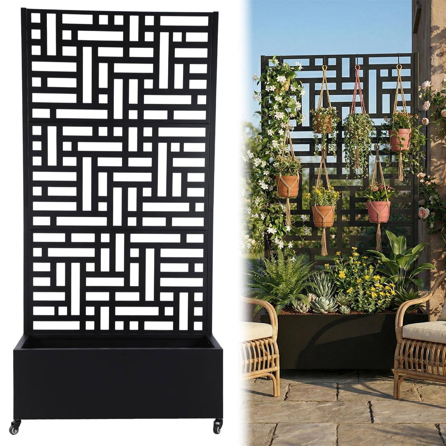 ASIEIT Metal Planter Box with Trellis Standing Planter Box for Climbing Plants/Vines Raised Garden Bed On Wheels 70.87x35.43x15.75 Inch (02)