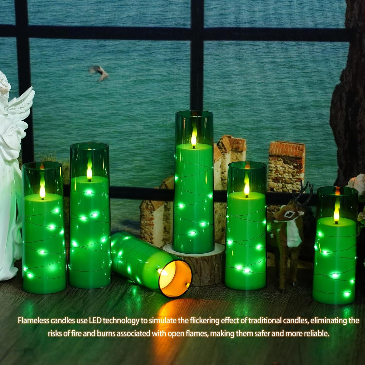 Flickering Flameless LED Candles,Battery Operated Candles 9 Pcs with Embedded Star String,Acrylic LED Pillar Candles with Remote,Suitable for Home Decoration to Create an Atmosphere (Green)