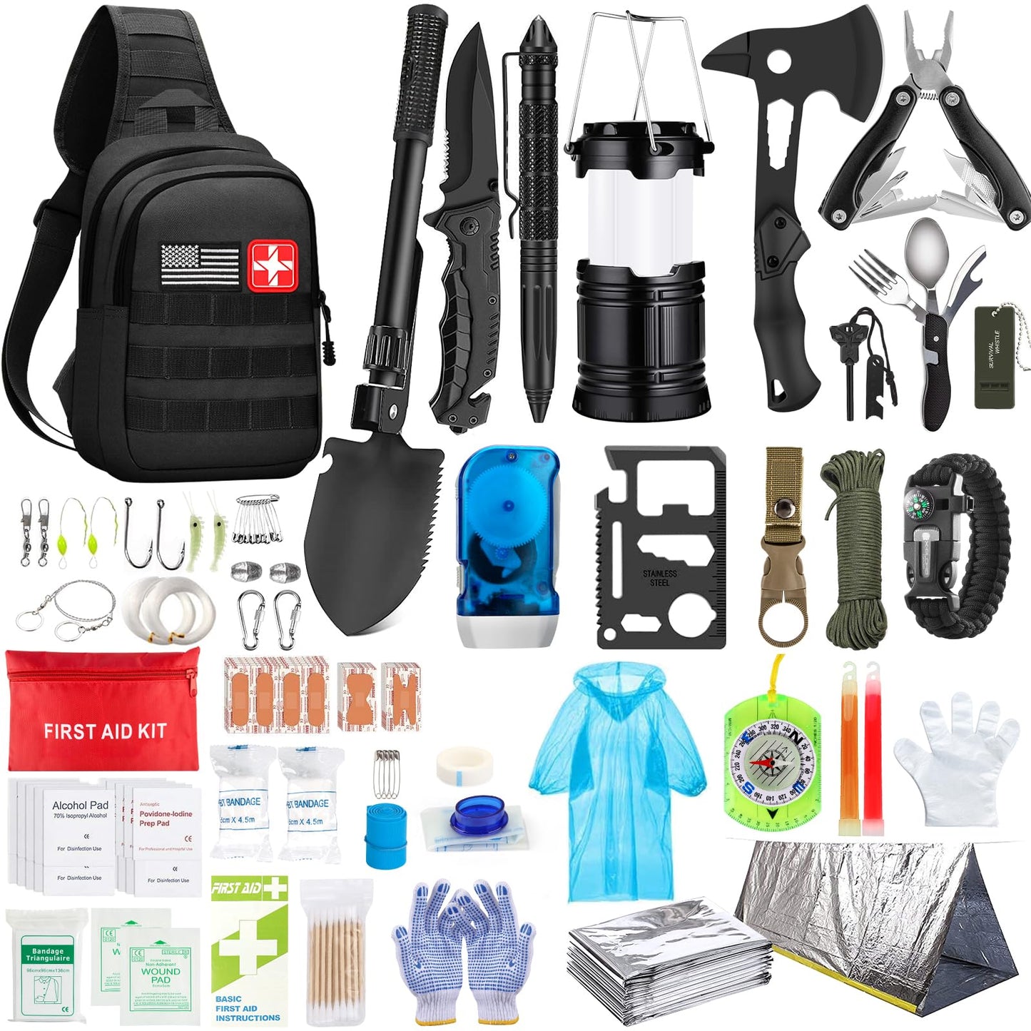 Survival Kit, 151 Pcs First Aid Kit Survival Gear and Supplies Emergency Kit with Bug Out Bag Tactical Military Grade Molle IFAK for Camping, Earthquake, Hiking, Hunting, Gifts for Men Dad (Black)