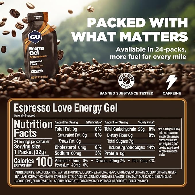 GU Energy Original Sports Nutrition Energy Gel, Vegan, Gluten-Free, Kosher, and Dairy-Free On-the-Go Energy for Any Workout, 24-Count, Espresso Love