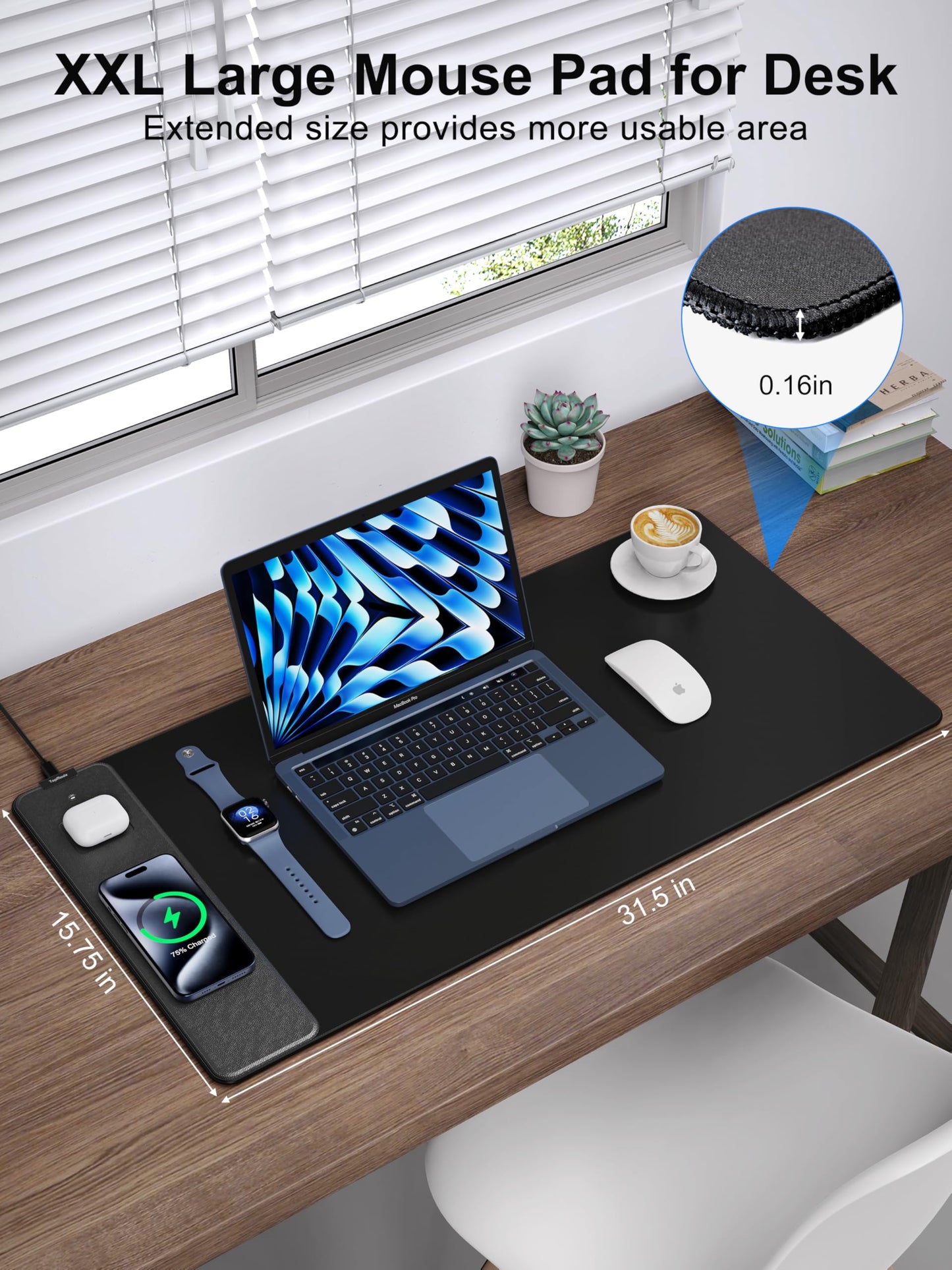 TopMade Wireless Charging Mouse Pad, Gaming Mousepad Home Office Large Desk Pad with Ultra-Smooth Surface, Non-Slip Base, Waterproof Keyboard Mat (Includes 20W PD Power Adapter & 6.56ft Woven Cable)