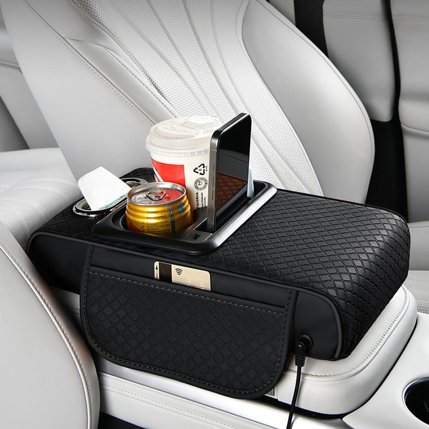 GioXtra Car Armrest Box Mat - Multi-Functional Black Leather Center Console Cover Waterproof Height Enhancement Cushion with Storage Box Cup Tissue Phone Holder Card Pocket for Car Interior Accessory