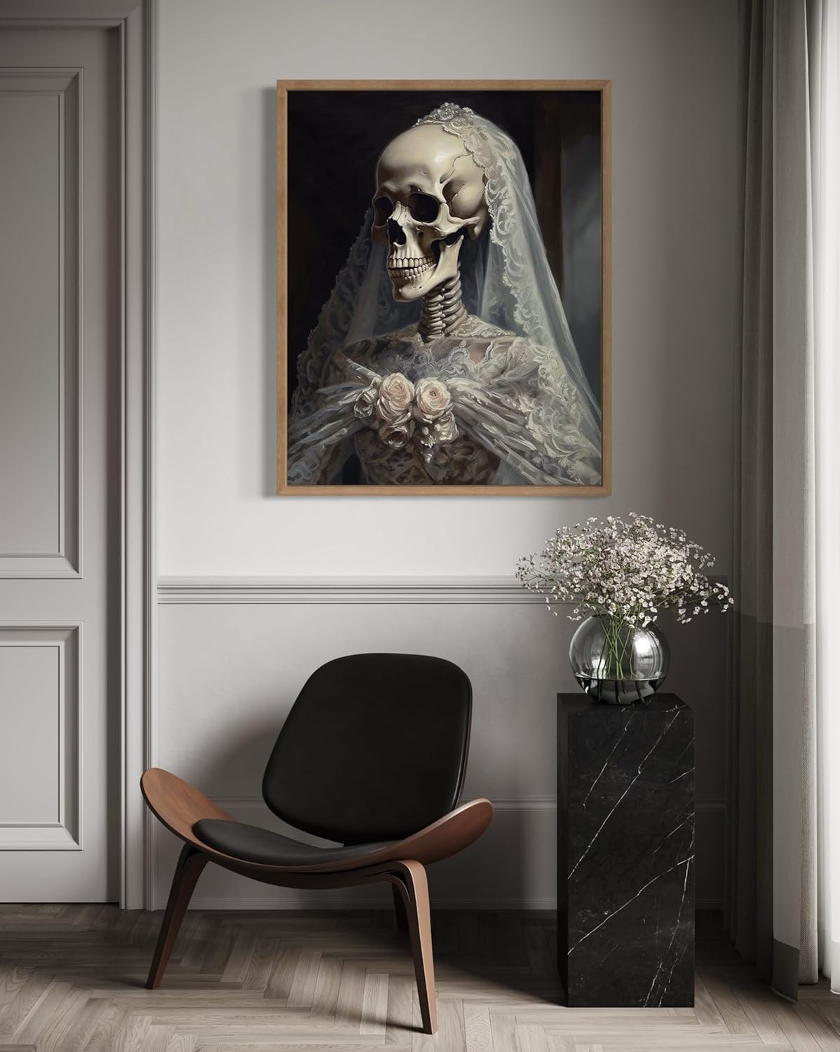 Skull Gown Poster Art Print, Halloween Scary Vintage Wall Art Academia Spooky Painting Decoration for Horror Prints, Gothic Posters Bedroom Decor 89 (Skull Gown, 11 x 14 inches, Wood Frame)