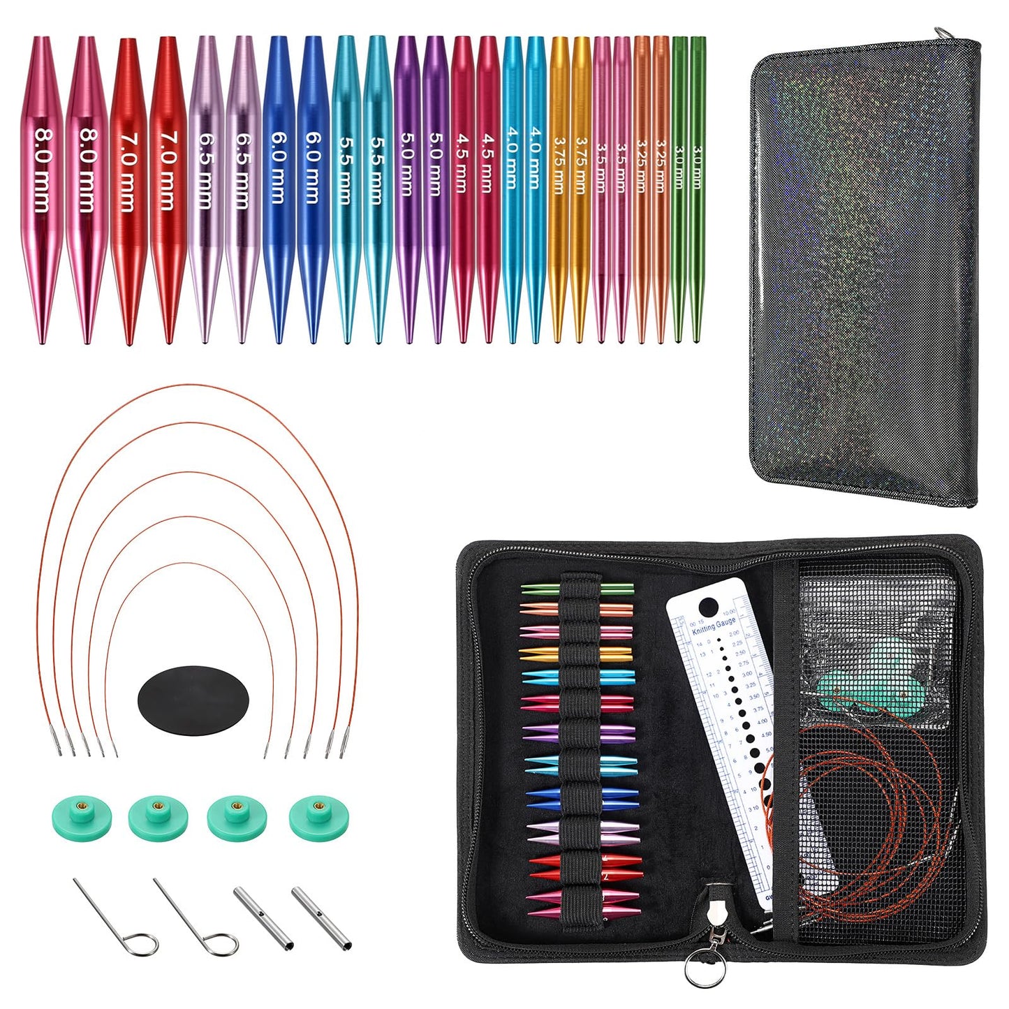 Hoowen Short Interchangeable Knitting Needles Set, 2-Inch Metal Circular Knitting Needles Kit for Beginners, 12 Pairs, Size US 2.5, 3, 4, 5, 6, 7, 8, 9, 10, 10.5, 11 with Case, Cables & Accessories