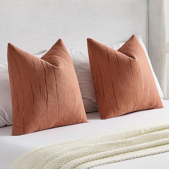 FUTEI Rust Chenille Decorative Throw Pillow Covers 20x20 Inch Set of 2,Soft Embossed Striped Textured Cushion Case,Modern Home Decor for Couch Bed Living Room