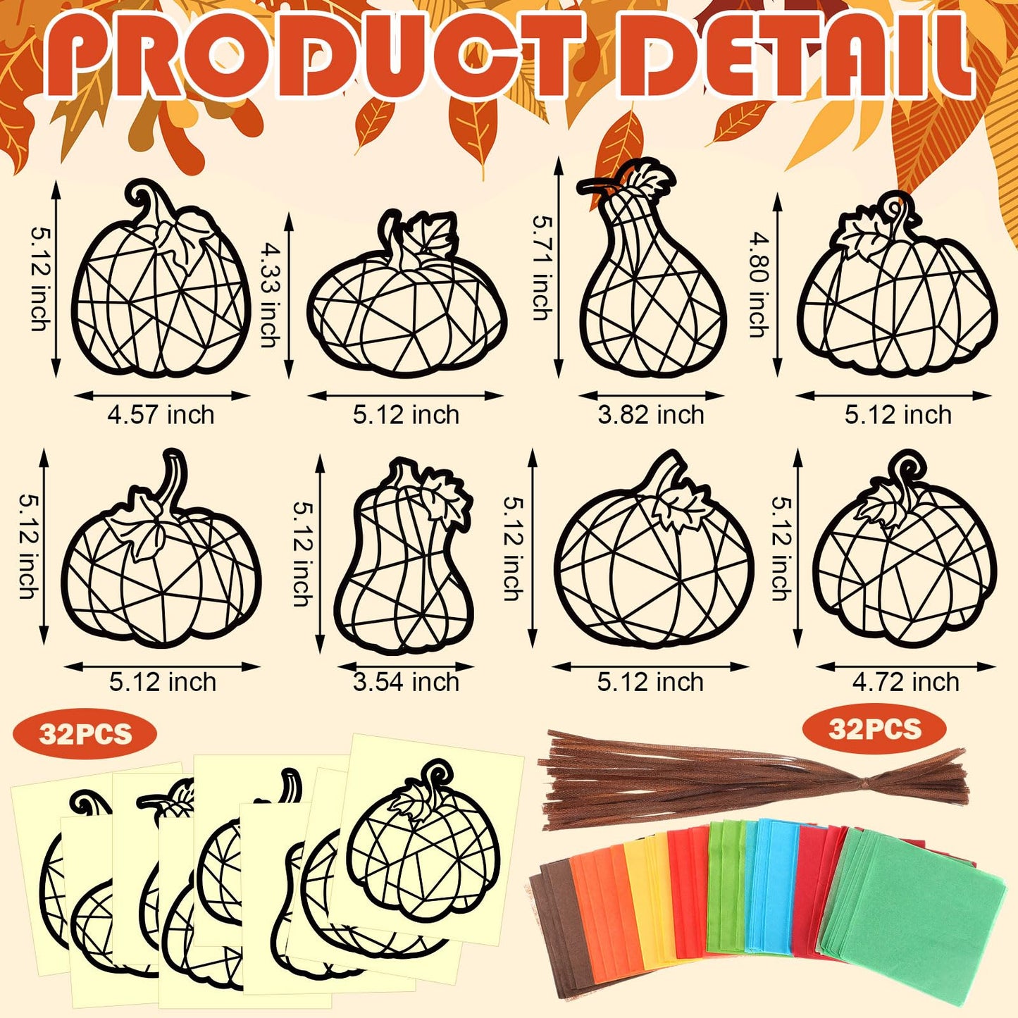 Eersida 32 Pcs Thanksgiving Pumpkin Suncatchers Paper Craft Set Fall DIY Pumpkin Shaped Stained Glass Tissue Paper Kit Bulk for Autumn Thanksgiving Classroom Activities Party Window Art Decor
