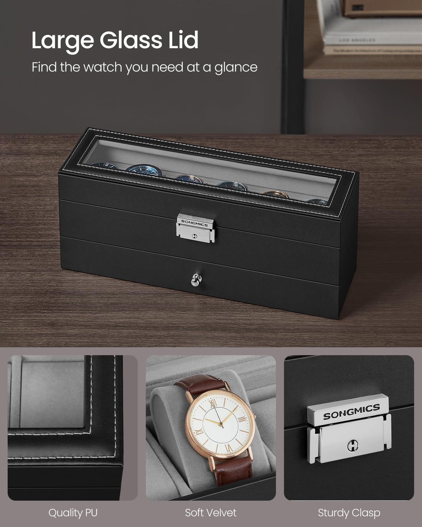 SONGMICS Watch Box, 6-Slot Watch Case Organizer with Large Glass Lid, 2 Layers, Removable Pillows, Metal Lock, Gift for Loved Ones, Black Synthetic Leather, Gray Lining UJWB060G01