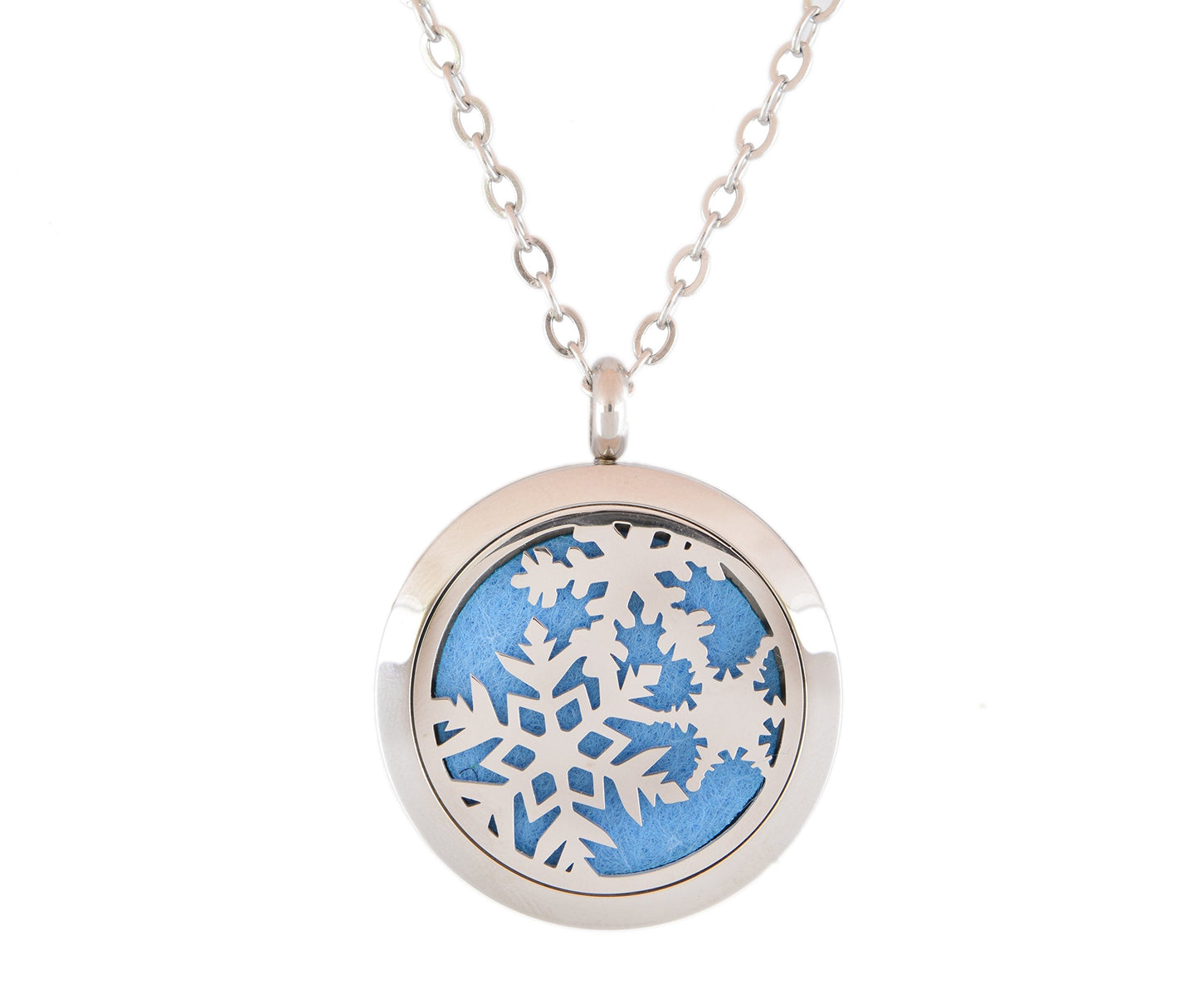 Aromatherapy Essential Oil Diffuser Stainless Steel 30MM Silver Magnetic Locket Pendant with Chain Necklace and Colored Refill Pads & Diffuser Bracelet all in a velvet bag (Snowflake2)