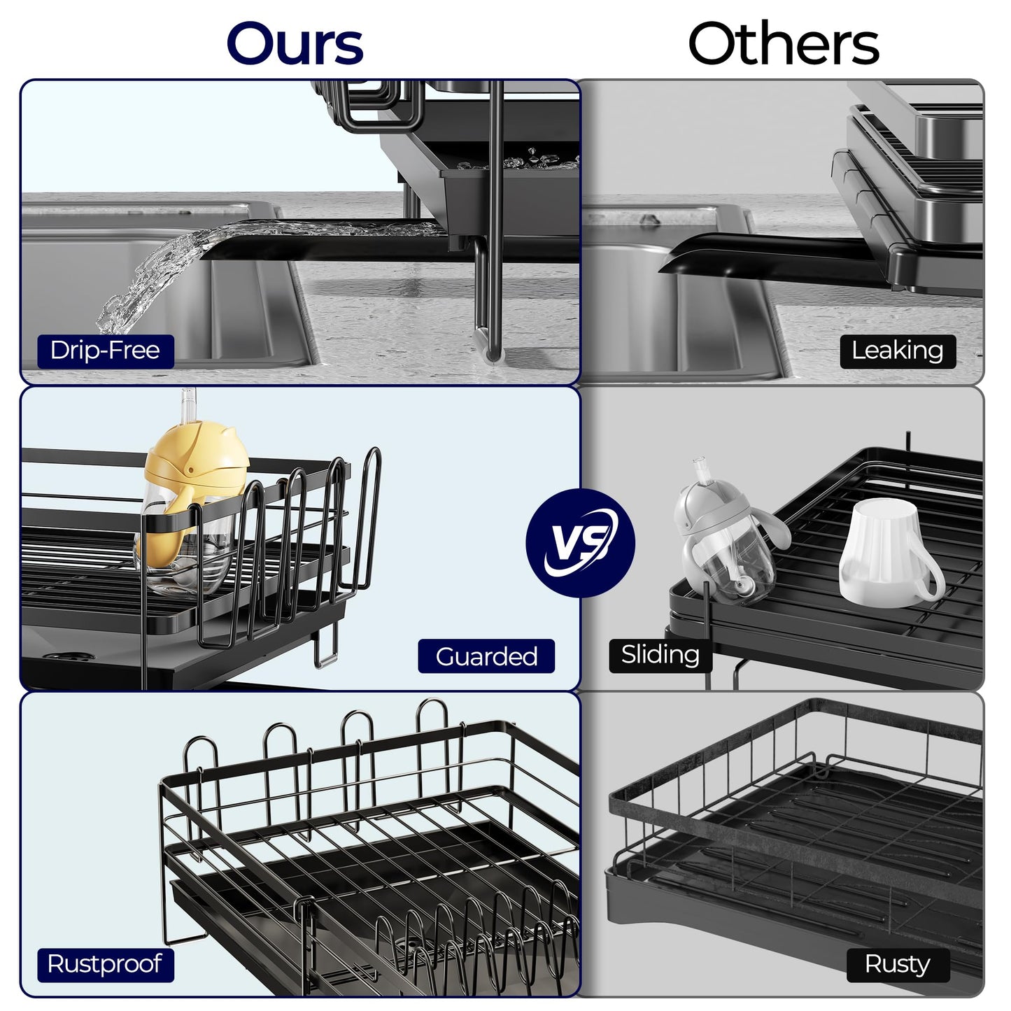 Pantasia Large Dish Drying Rack, Expandable Dish Rack for Kitchen Counter, Dish Drainer with Drainboard Set, Multifunctional Dishrack with Utensil & Cup Holder, 13.4"-28.7" L x 11.8" W x 7.8" H, Black