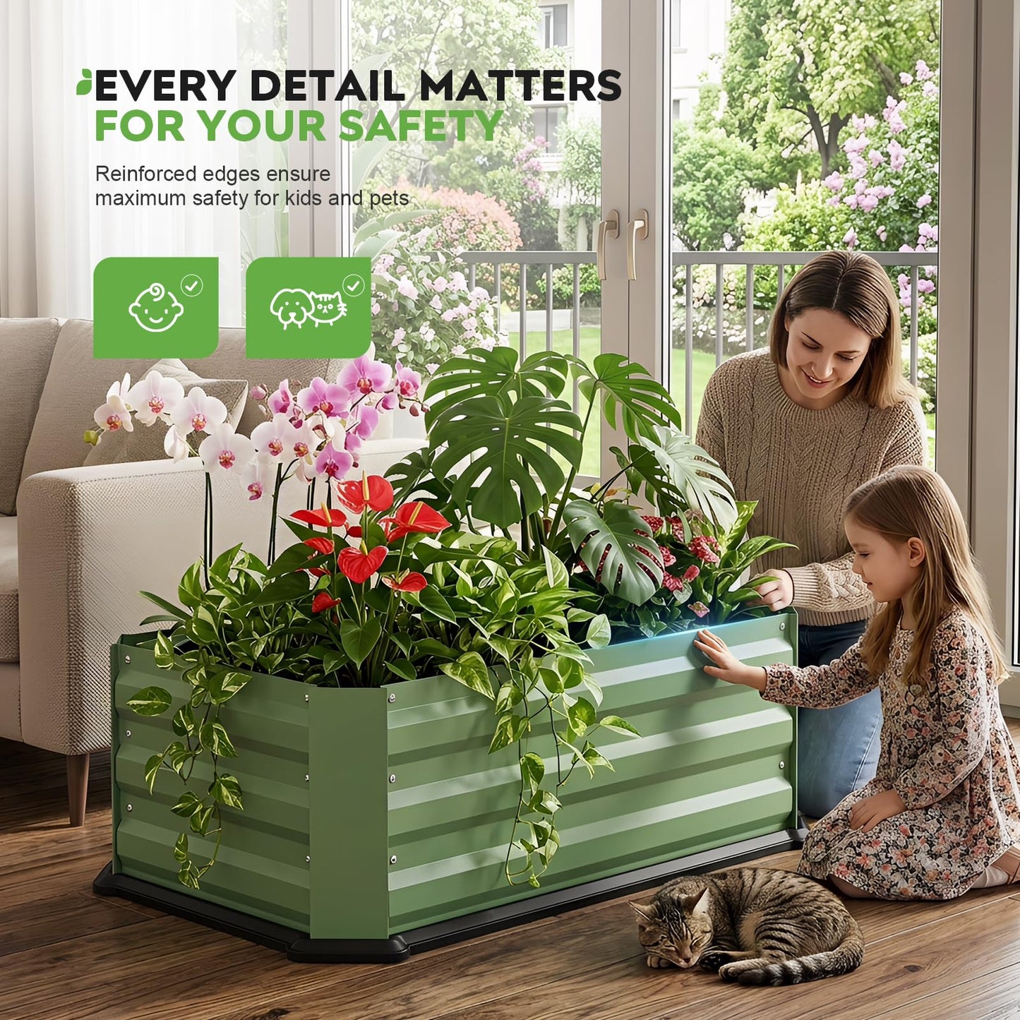 2 Pcs Galvanized Raised Garden Bed with Bottom, Indoor Metal Raised Garden Beds, Easy Assembly No leaks & Rust-Proof Flower Bed, Outdoor Planter Box for Vegetables, Herbs, Patio, Balcony, Green
