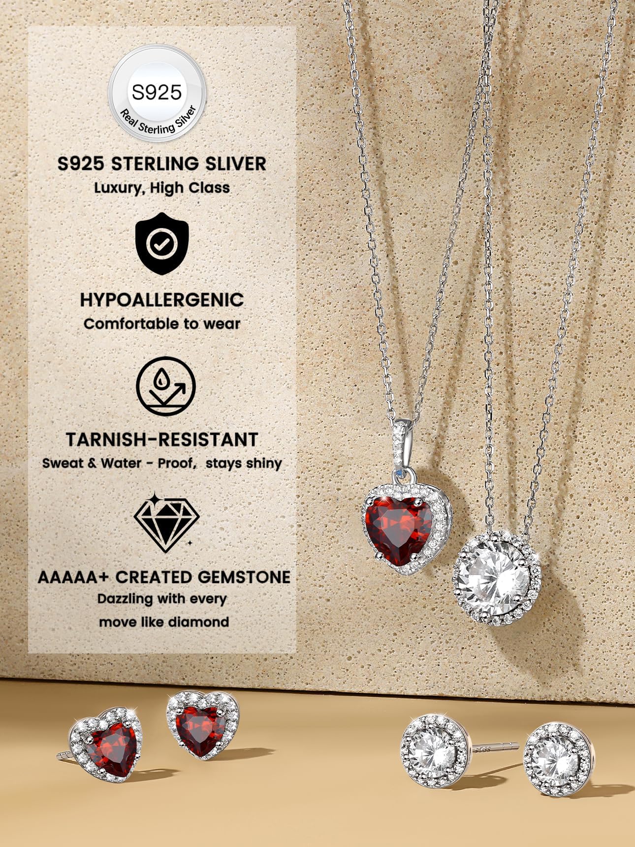Bestyle 925 Sterling Silver Created Diamond Earrings Heart Studs for Women, 5mm January Granet Birthstone Gem Earrings Illuminated by 1mm White Cubic Zirconia