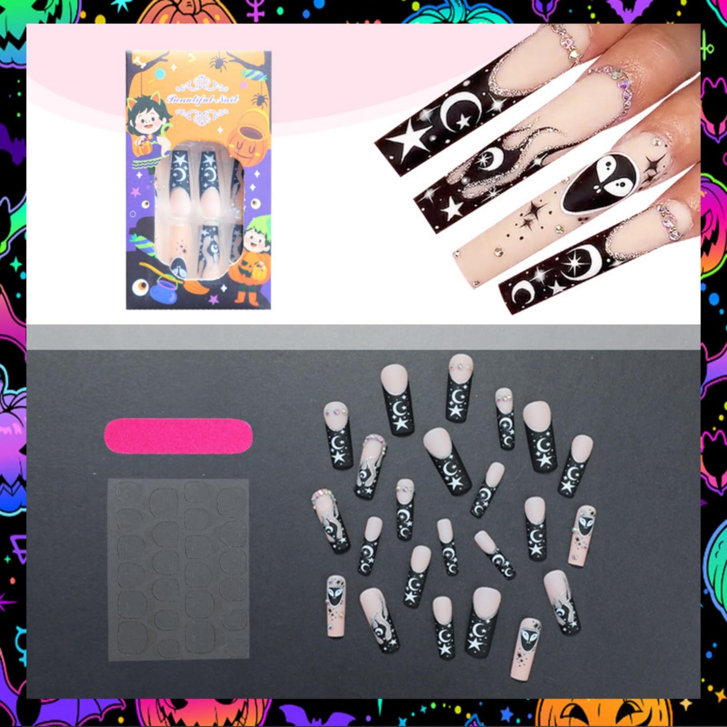 Halloween Press on Nails Extra Long Square Black French Stick on Nail 24pcs