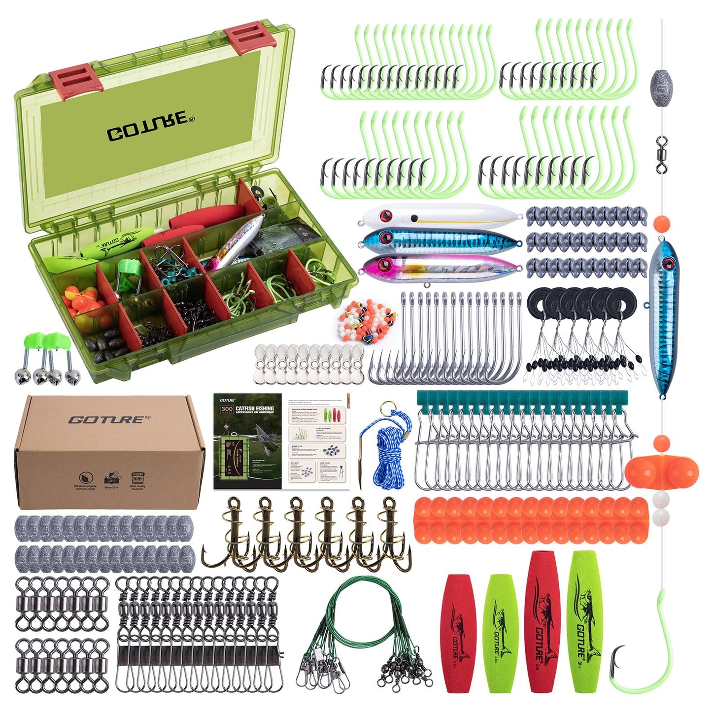 Goture Catfish Rig Making Kit,300pcs Catfishing Tackle with Luminous Fishing Hook Swivel Sinker Weights Rattle Float Bobber Stoppers,Catfish Rigs Accessories with 3600 Tackle Box,Gifts for Men