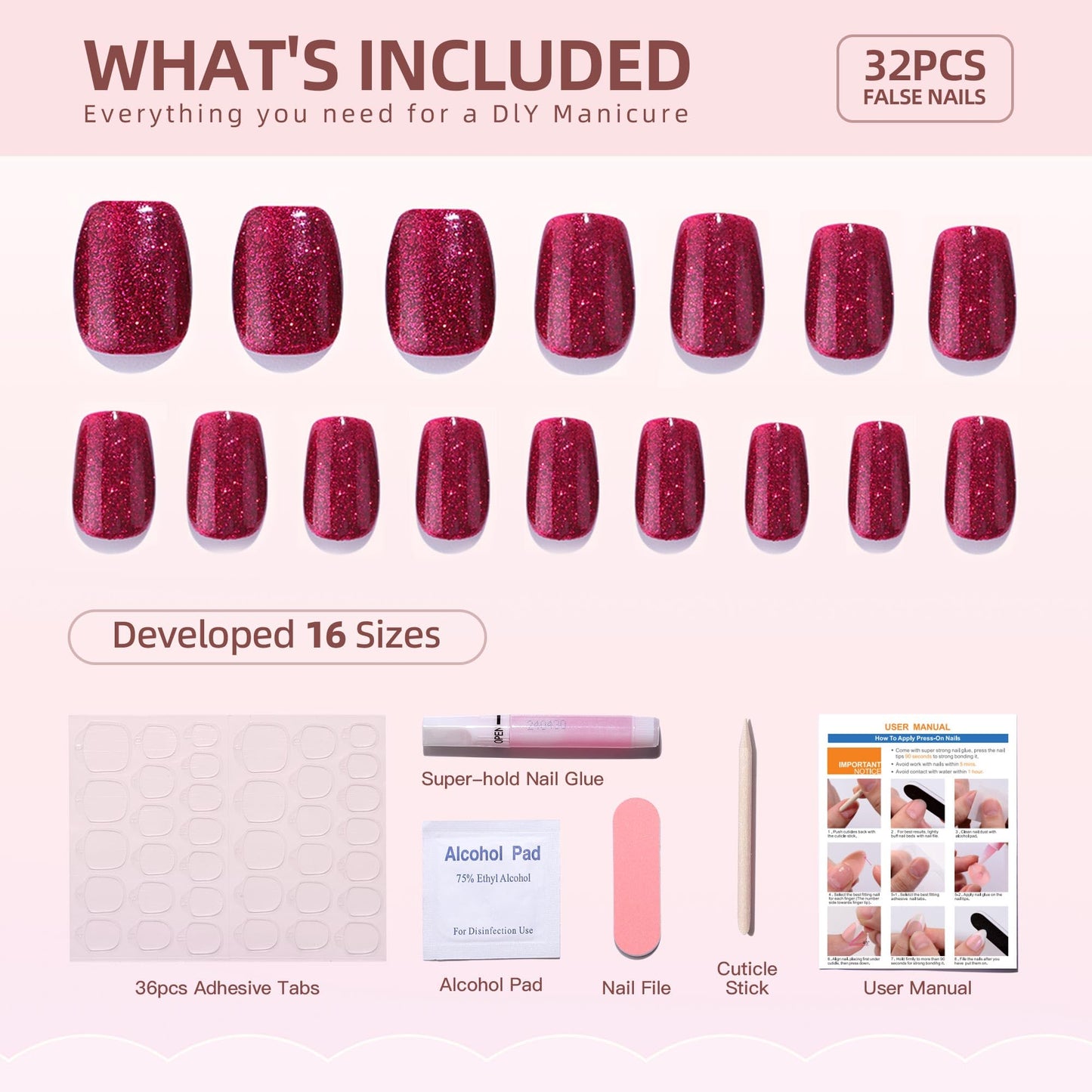 Hrnsnails Medium Square Press On Nails, Glue On Nails Medium Length Fake Nails with Red Glitter Glossy Designs, Nails Press Ons Gel False Nails, Artificial Nails Stick On Nails for Women