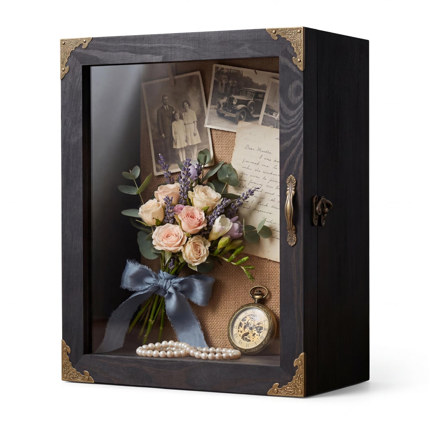 KAASTHAA Shadow Box Frame 11x13, Depth 5in Shadow Boxes Display Cases, Acrylic Door, Rustic Burnt Wood, Vintage Metal Accents, Hinged Door, Metal Handle and Latch, Linen Back
