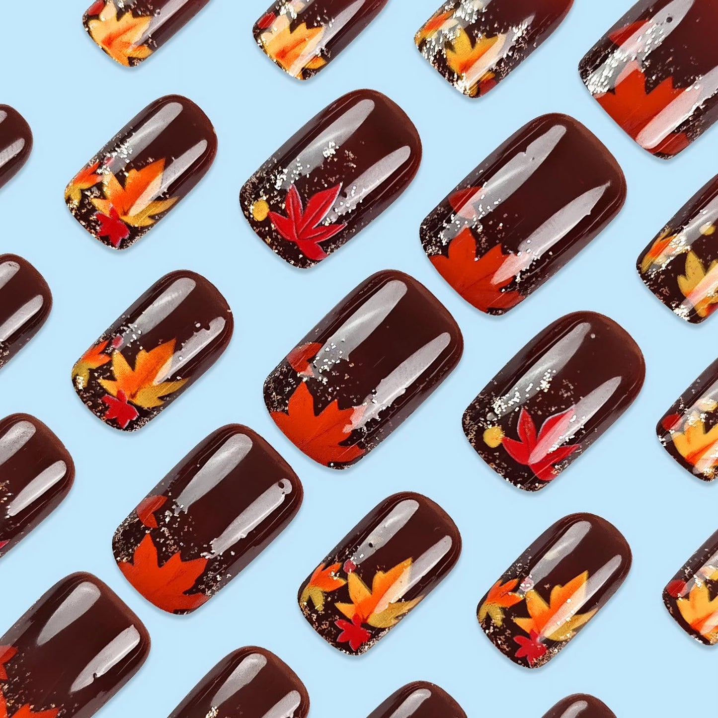 MISUD Press on Nails - Short Square Fake Nails with Fall Brown, Acrylic Autumn Maple Leaf Design 24 pcs