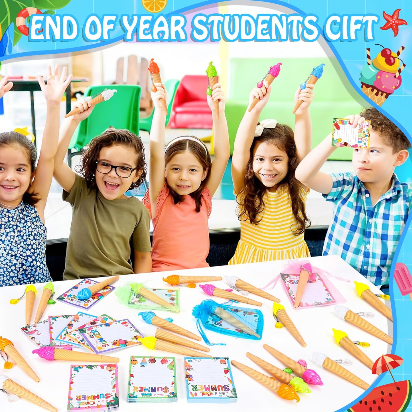 SZCECHRE 36 Pack School End Of Year Surprise Gift Sets, Ice Cream Pens Summer Sticky Notes Kit with Gift Bags & Ribbon for Pool Beach Birthday Class Parties & Student Gifts