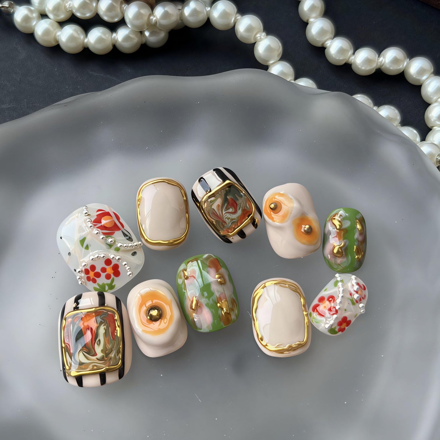 Fine Point Gallery Bloom Press On Nails, 10pcs Short Squoval for Hands, Handmade Floral & Stripe Mix with Gold Frame Accents, Reusable Glue On False Nails (Size Medium)