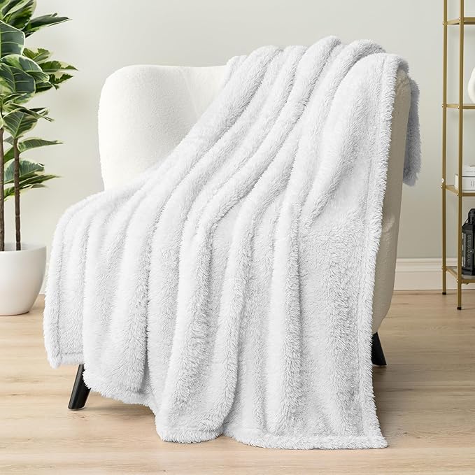 PAVILIA Sherpa Throw Blanket for Couch Sofa, White Fluffy Warm Plush Blanket for Twin Bed, Cozy Super Soft Lightweight Throw, Fuzzy Decorative Blanket, All Season Home, 60x80