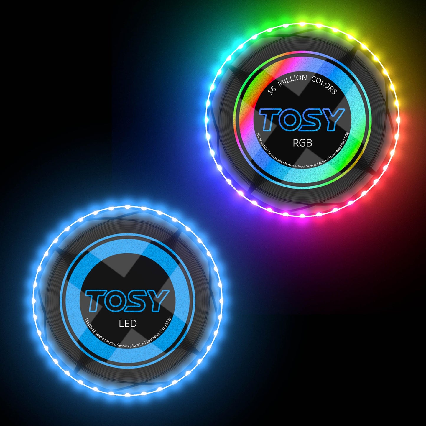 TOSY Bundle of 2 - Flying Disc 108 LEDs - RGB Black + Blue