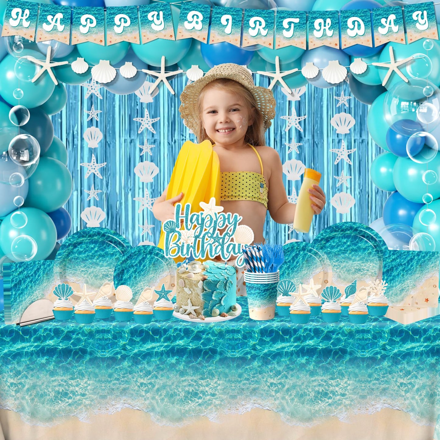 Beach Party Decorations, 273Pcs Ocean Waves Birthday Supplies Summer Pool Beach Birthday Party Decorations Tableware,Banner,Tablecloth,Starfish Bubble Garlands,Balloons,Cake Topper,Fringe Curtains