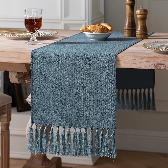 ZeeMart Blue Table Runners 90 Inches Long, Burlap Linen Style Rustic Farmhouse Table Runner, Long Boho Dining Table Runner, 13x90 Inches, Blue